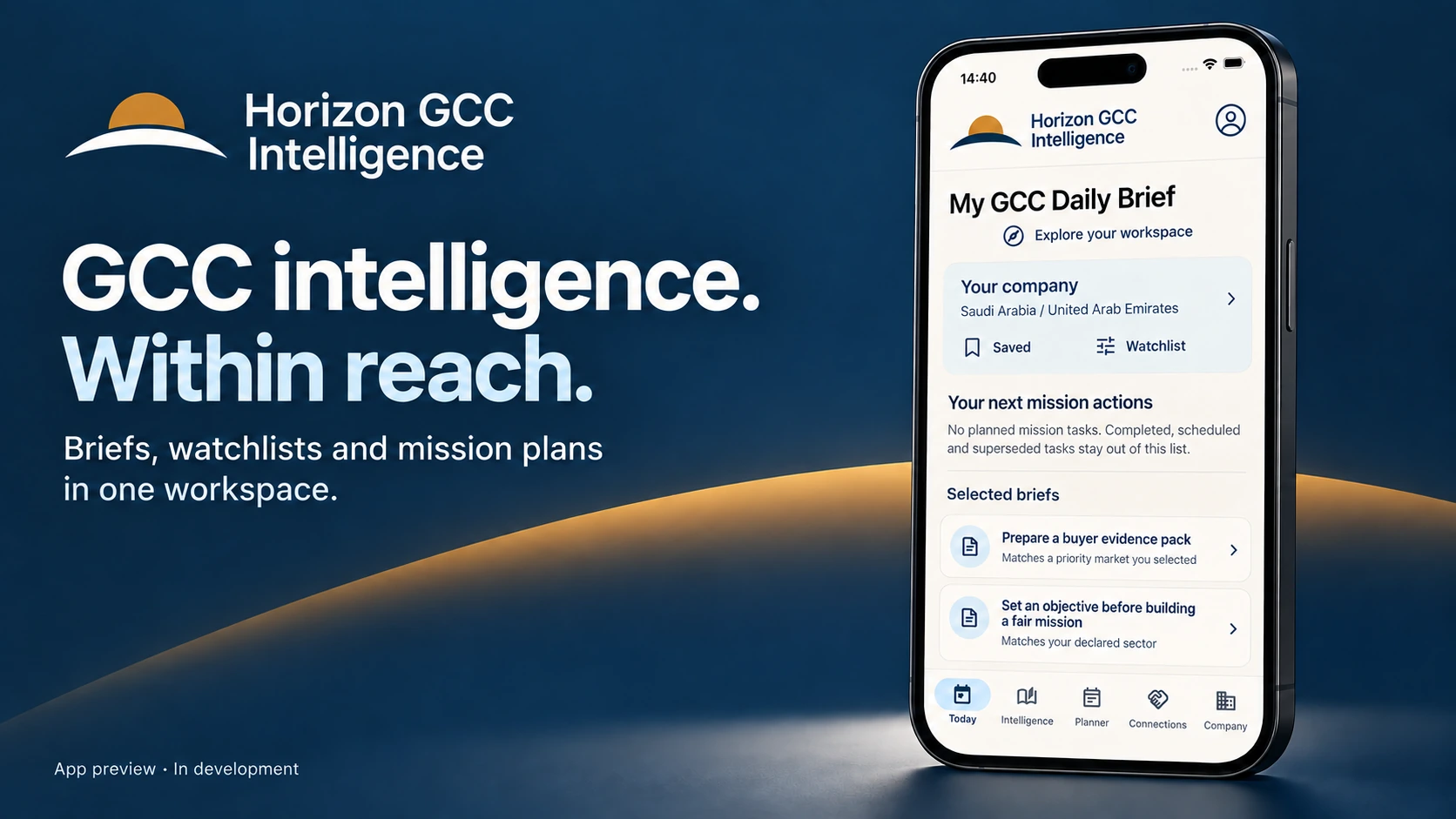 Preview of the Horizon GCC Intelligence app with briefings, watchlists and GCC mission preparation.