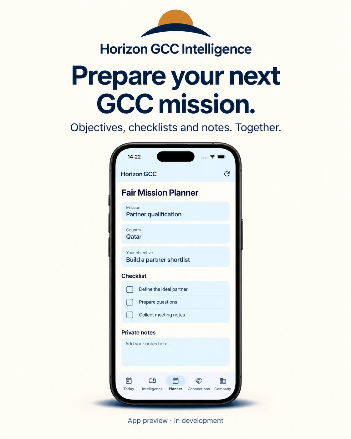 Mockup of the Fair Mission Planner with an objective, checklist and notes for qualifying potential partners.