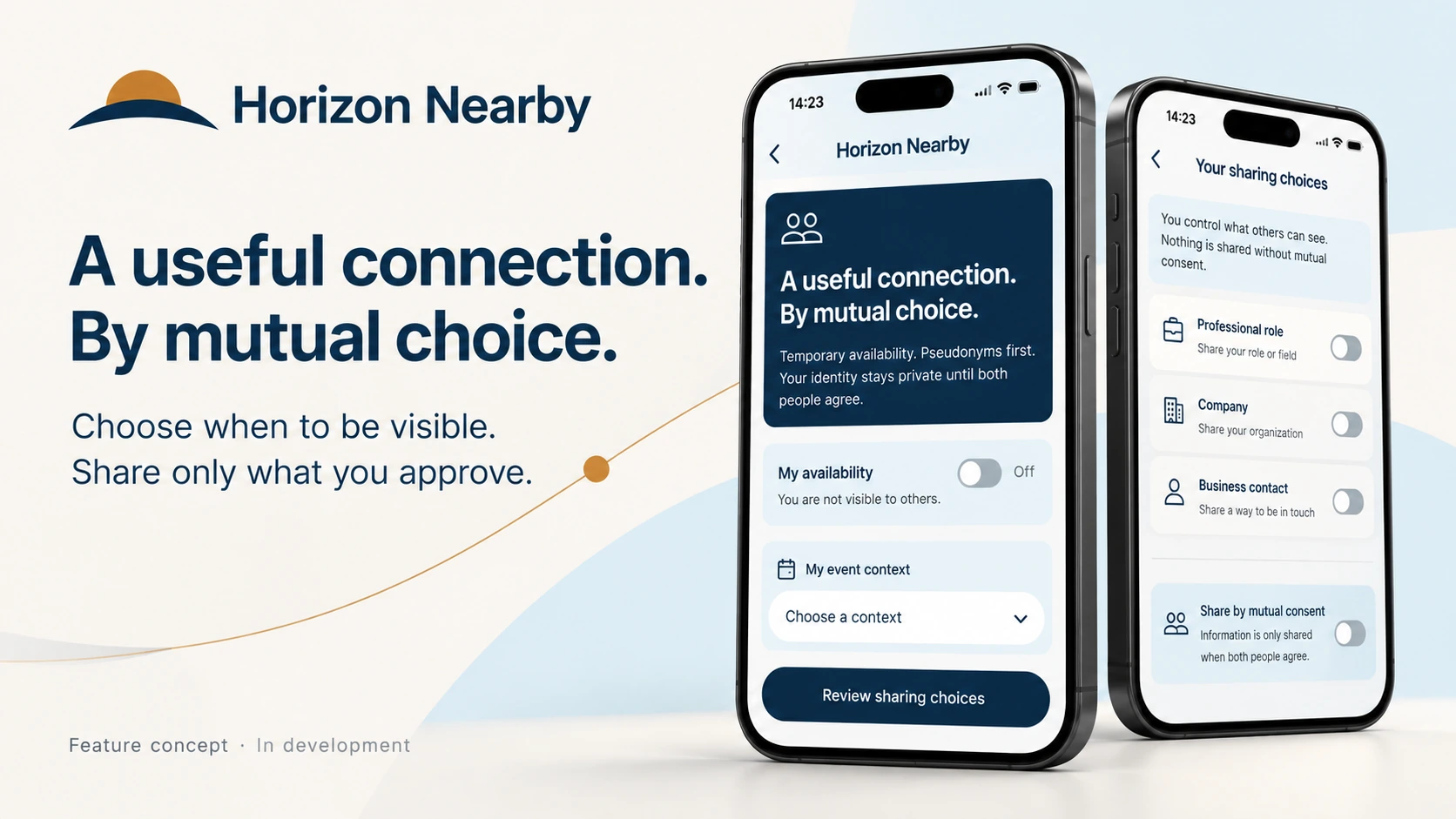 Concept for Horizon Nearby with optional availability and consent-based choices for professional information shared with nearby members.